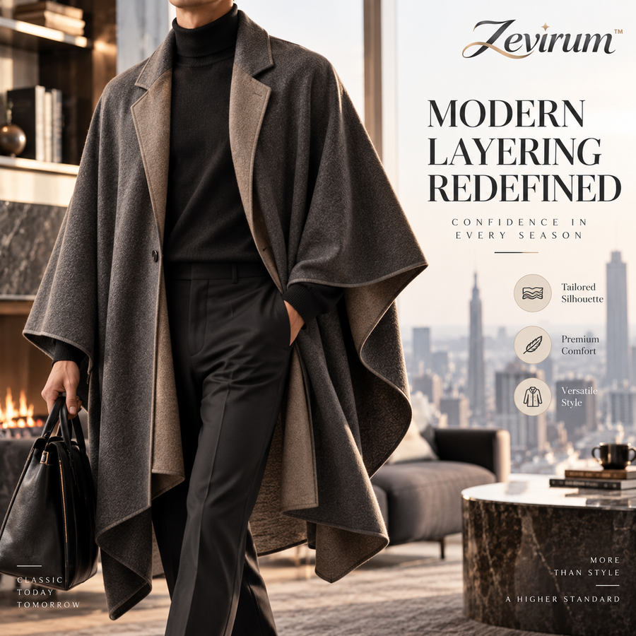 Zevirum™ Arden Men's Tailored Cape Poncho — Modern Layering Cloak, Structured Shawl Collar Wrap & Elevated Cold-Weather Outer Layer