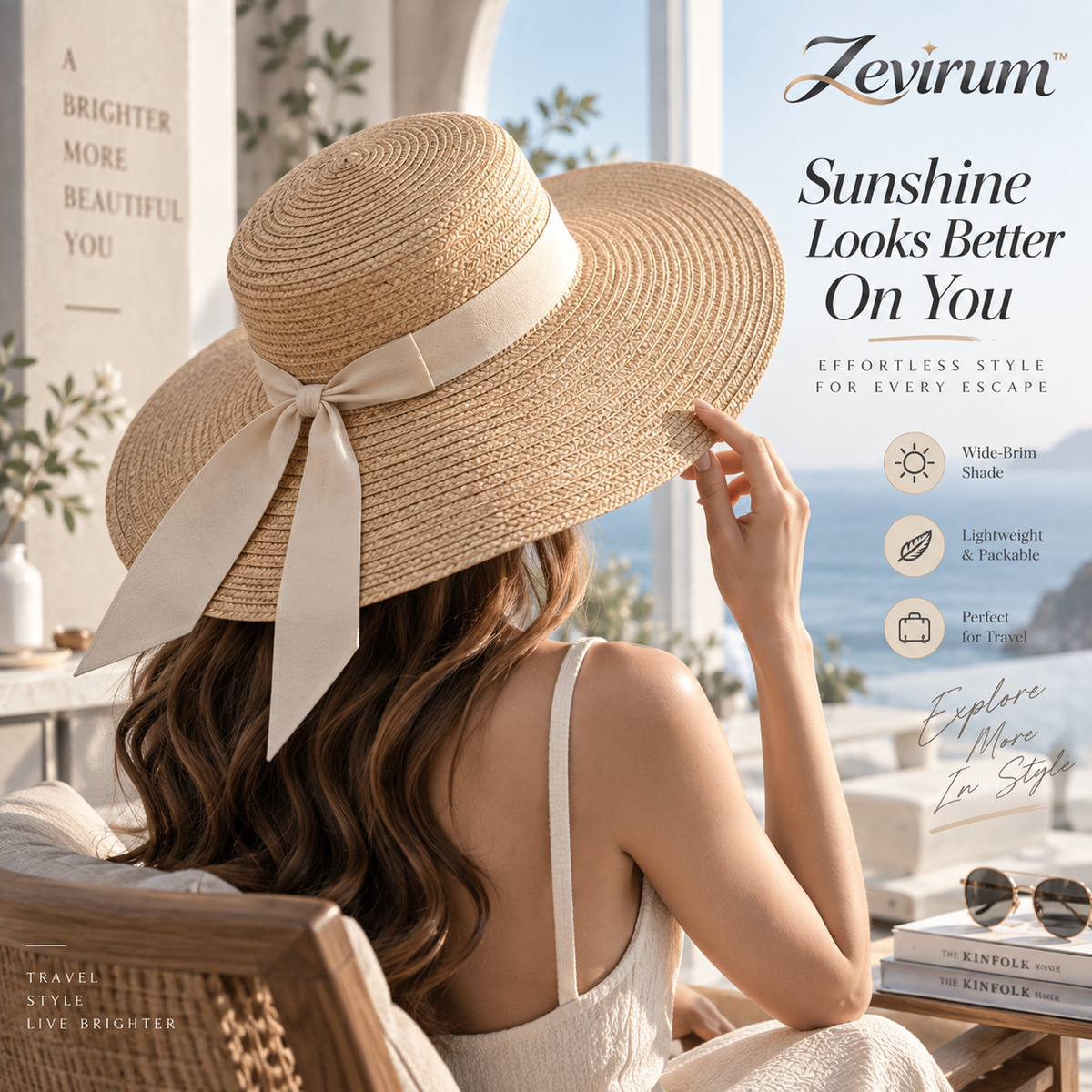 Zevirum™ Solenne Women's Wide-Brim Straw Vacation Hat — Packable Resort Sun Hat, Beach Travel Fedora & Summer Dress Accessory
