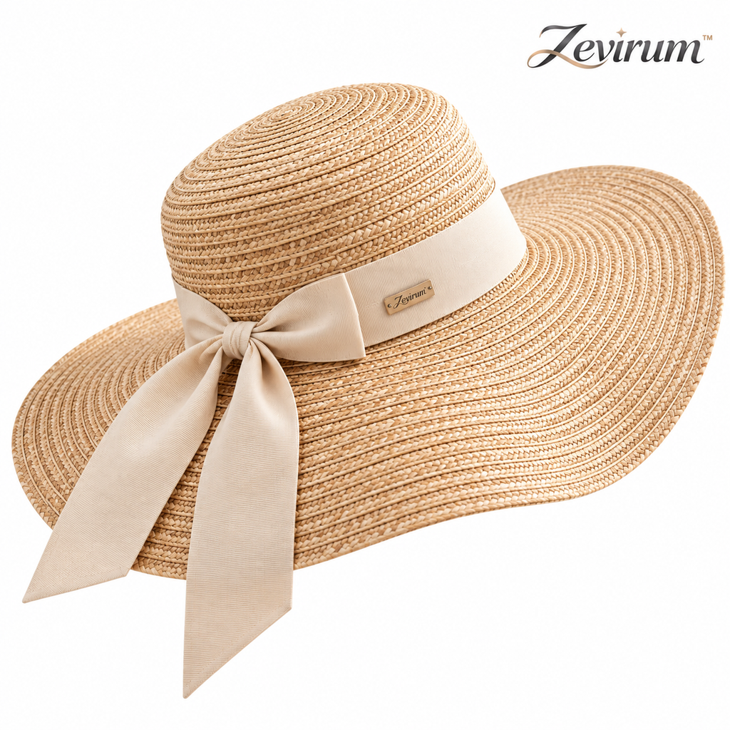 Zevirum™ Solenne Women's Wide-Brim Straw Vacation Hat — Packable Resort Sun Hat, Beach Travel Fedora & Summer Dress Accessory