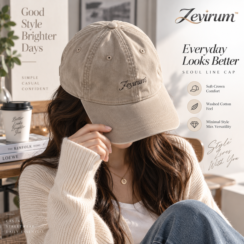 Zevirum™ Seoul Line Soft-Crown Cap — Korean-Inspired Minimal Baseball Hat, Washed Cotton Casual Streetwear Cap