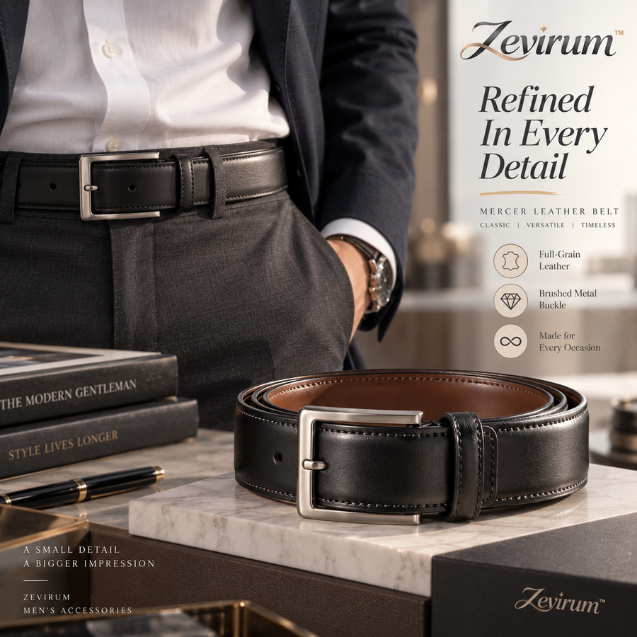 Zevirum™ Mercer Men's Full-Grain Leather Dress Belt — Classic 1.25-Inch Business Belt, Brushed Metal Buckle & Tailored Trouser Accessory