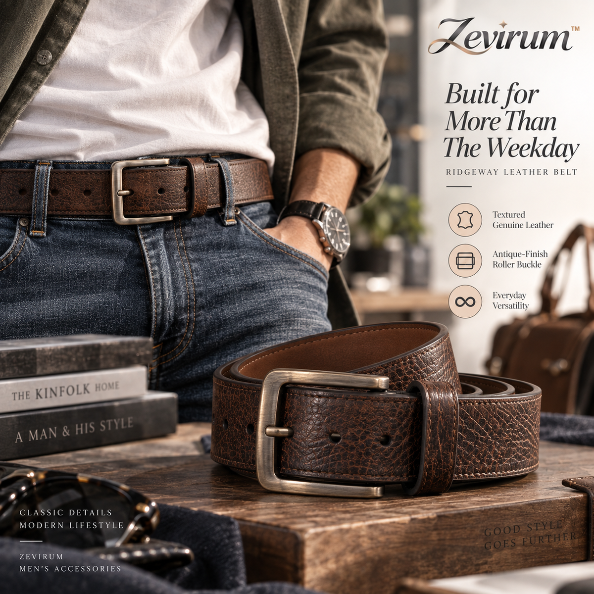 Zevirum™ Ridgeway Men's Textured Leather Casual Belt — 1.5-Inch Jeans Belt, Antique-Finish Roller Buckle & Weekend Everyday Belt