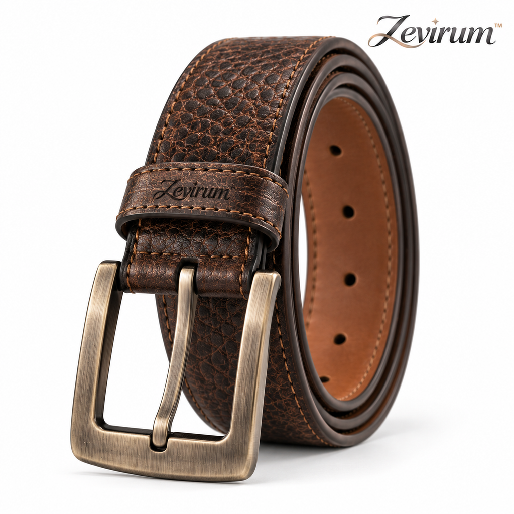 Zevirum™ Ridgeway Men's Textured Leather Casual Belt — 1.5-Inch Jeans Belt, Antique-Finish Roller Buckle & Weekend Everyday Belt