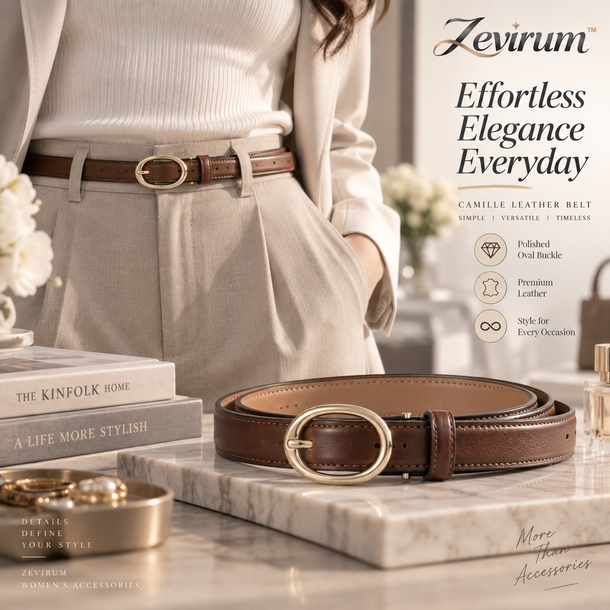 Zevirum™ Camille Women's Slim Leather Belt — Polished Oval Buckle, Classic Jeans & Dress Belt, Minimal Everyday Waist Accessory