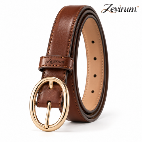 Zevirum™ Camille Women's Slim Leather Belt — Polished Oval Buckle, Classic Jeans & Dress Belt, Minimal Everyday Waist Accessory