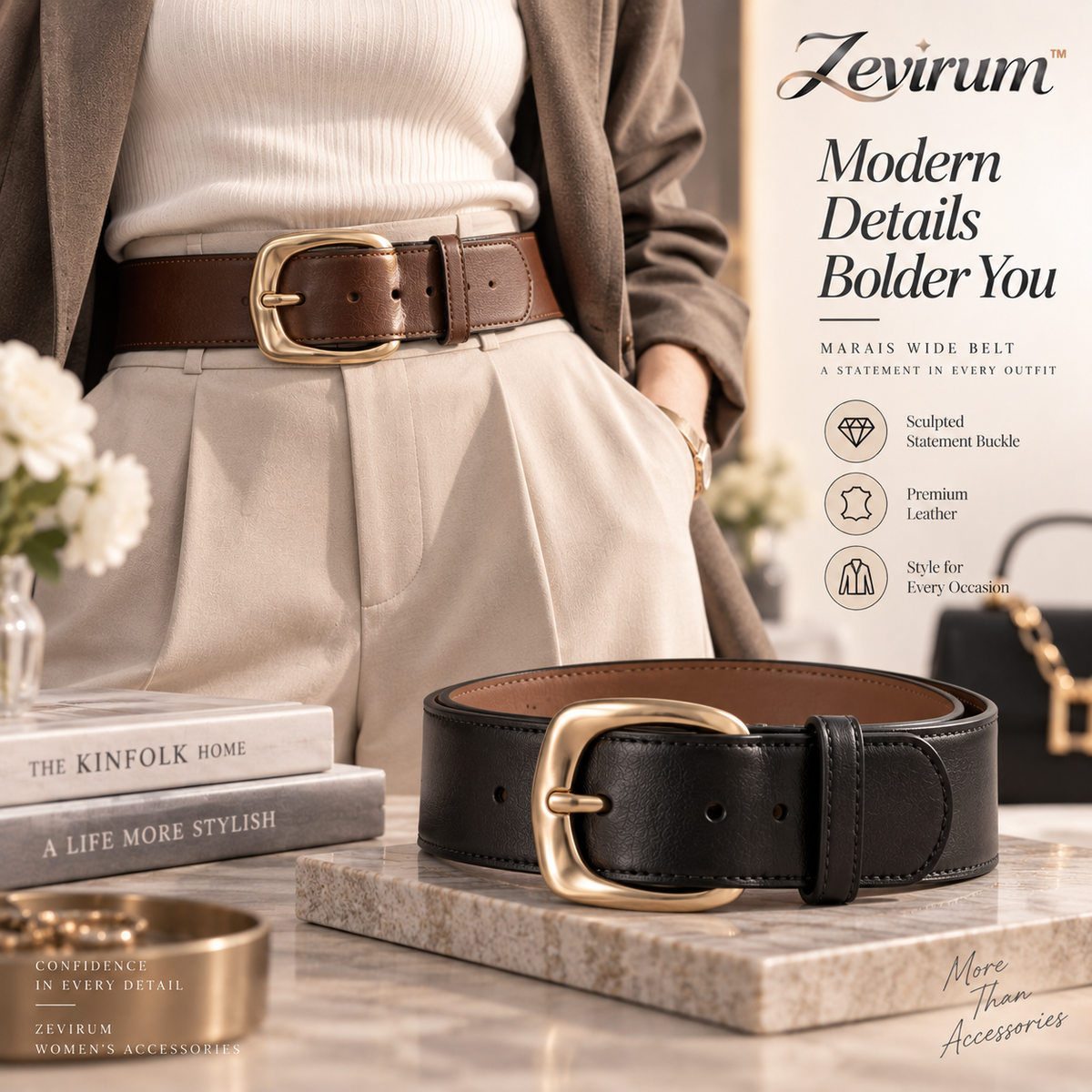 Zevirum™ Marais Women's Wide Leather Belt — Sculpted Statement Buckle, High-Waist Dress Belt & Modern Blazer Accessory