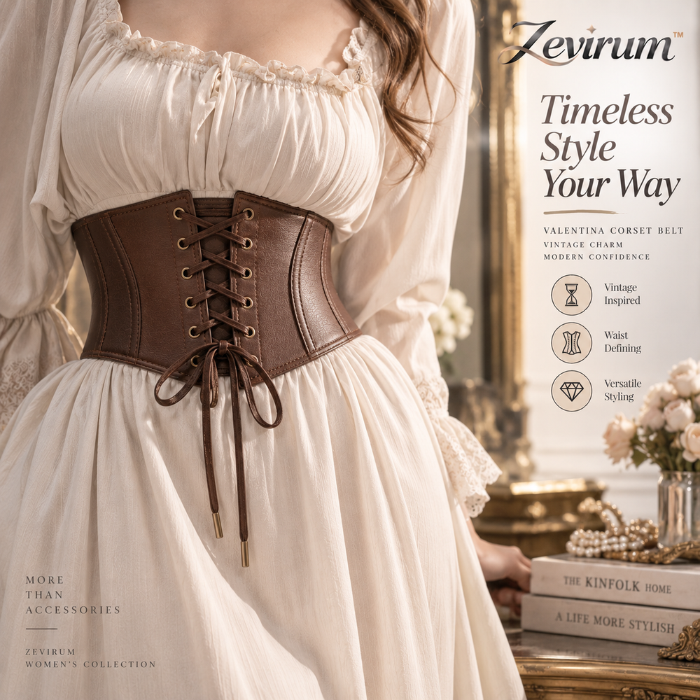 Zevirum™ Valentina Vintage-Inspired Corset Waist Belt — Lace-Up Wide Waist Cincher, Victorian-Inspired Dress & Blouse Fashion Accessory