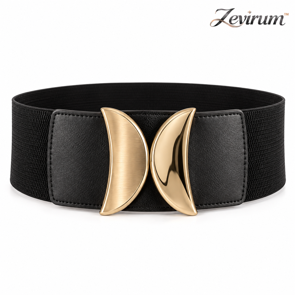 Zevirum™ Nova Sculpt Modern Waist Belt — Minimal Wide Elastic Belt, Architectural Buckle Dress Cincher & Contemporary Blazer Styling Accessory